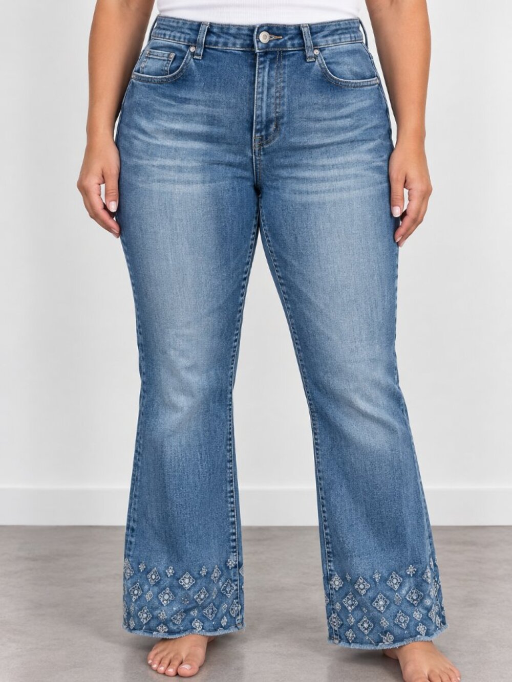 boho aztec embroidered bell bottom flare jeans raw hem w33 l31 rodeo